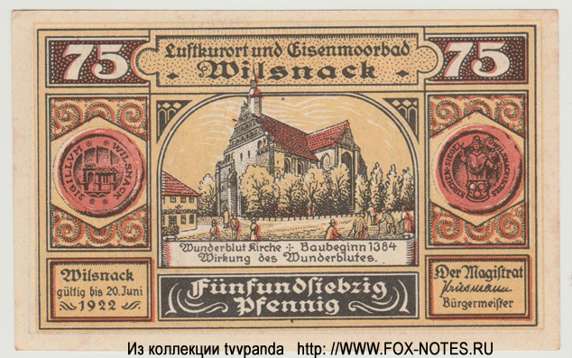 Gemeinde Wilsnack 75 Pfennig 1922