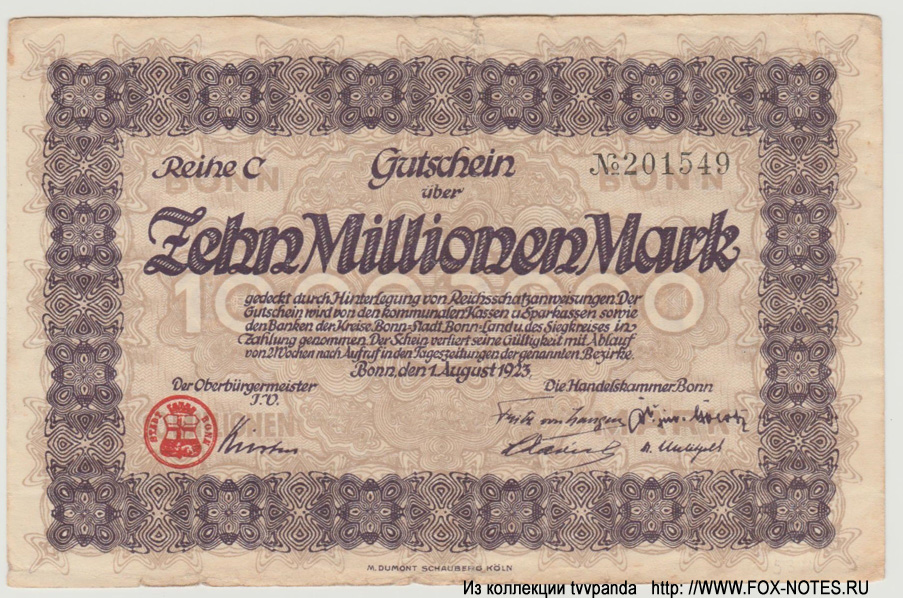 Stadt= und Landkreis Bonn und Siegkreis 10 Millionen Mark 1923
