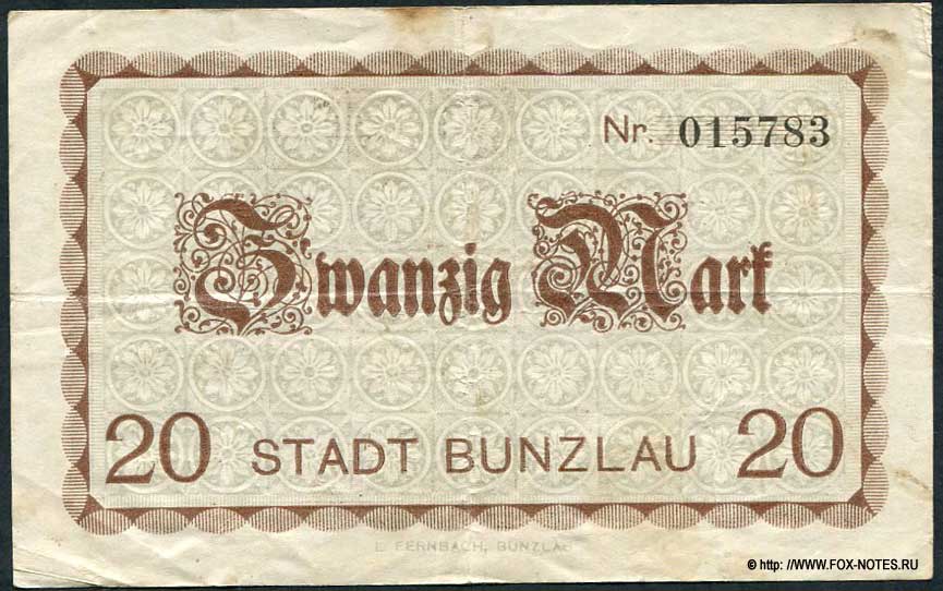 Stadt Bunzlau. Gutschein. 20 Mark. 11. November 1918.