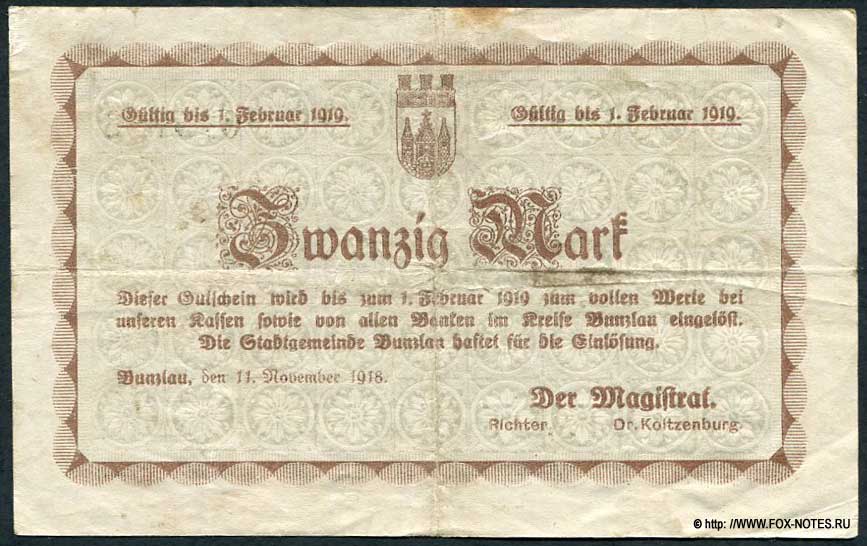 Stadt Bunzlau. Gutschein. 20 Mark. 11. November 1918.