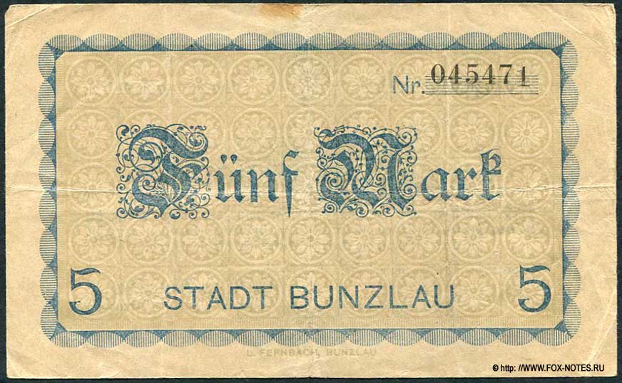 Stadt Bunzlau. Gutschein. 5 Mark. 11. November 1918.