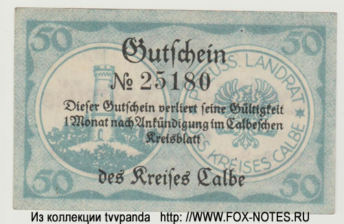 Gutschein der Kreises Calbe. 50 Pfennig 1920.