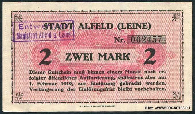 Stadt Alfeld (Leine) 2 Mark 1918
