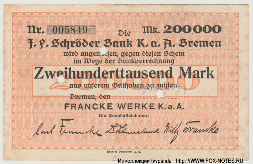 Francke Werke K.a.A. Schröder-Bank 2000000 Mark 1923