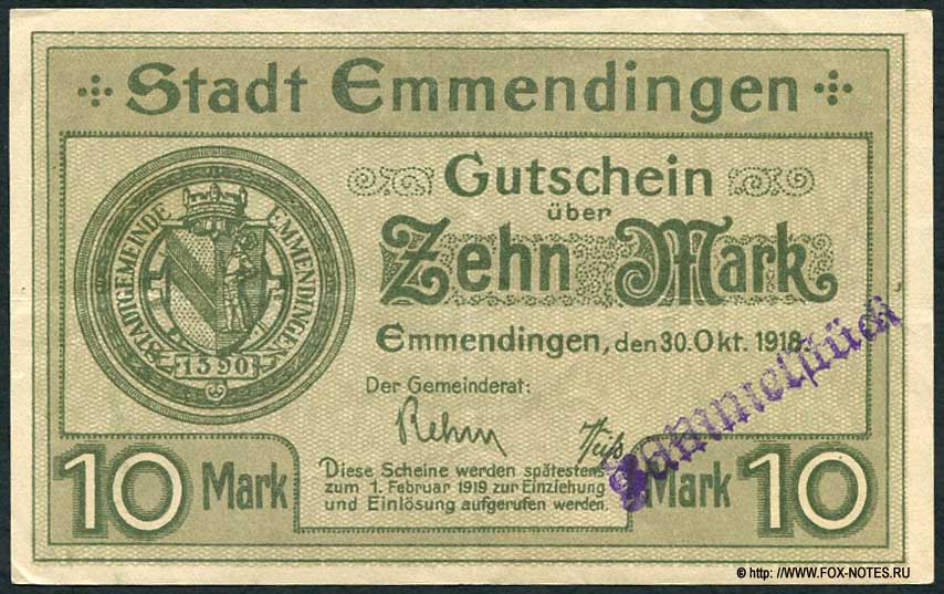 Stadtgemeinde Emmendingen 10 Mark 1918