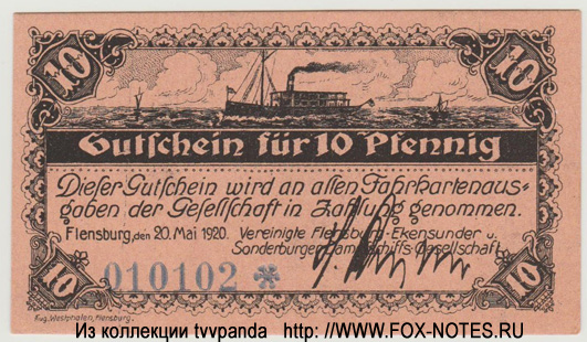 Vereinigte Flensburg-Ekensunder und Sonderburger Dampfschiffs-Gesellschaft 10 Pfennig
