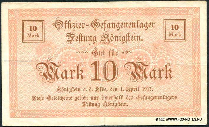 Offizier-Gefangenenlager Festung Königstein 10 Mark 1917