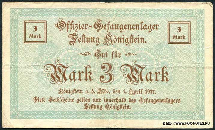 Offizier-Gefangenenlager Festung Königstein 3 Mark 1917