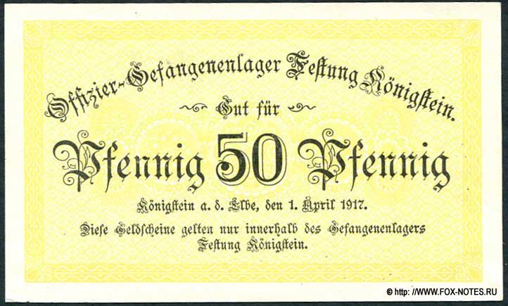 Offizier-Gefangenenlager Festung Königstein 50 Pfennig 1917