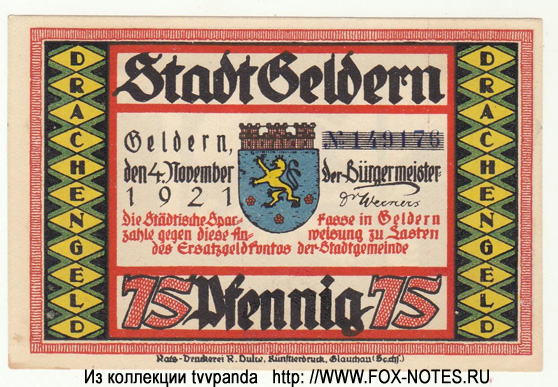 Stadt Geldern. 75 Pfennig. "2" Ersatzgeld. 4. November 1921