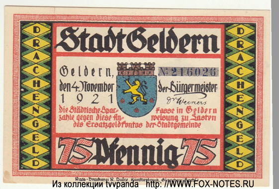 Stadt Geldern. 75 Pfennig. "3" Ersatzgeld. 4. November 1921