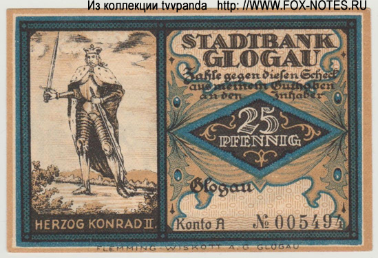 Notgeld der Stadt Glogau. 25 pfennig 1921.