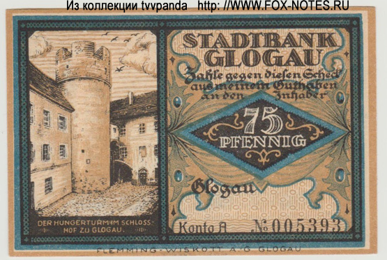 Notgeld der Stadt Glogau. 75 pfennig 1921.