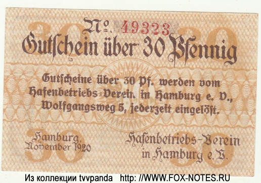 Hafenbetriebs-Verein in Hamburg e.V. 30 Pfennig 1920.