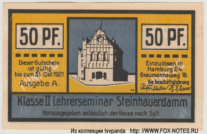 Lehrerseminar Steinhauerdamm, Klasse II / 50 Pfennig 1921.