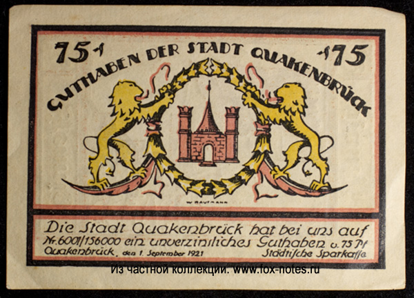 Gutschein der Stadt Quakenbrück. 75 pfennig. 1. September 1921