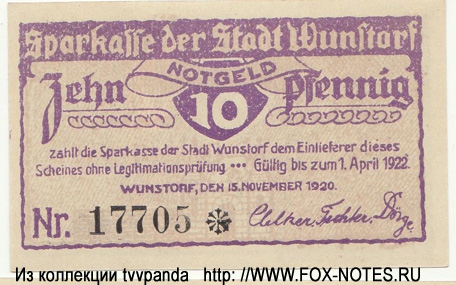 Sparkasse der Stadt Wunstorf 10 Pfennig 1920
