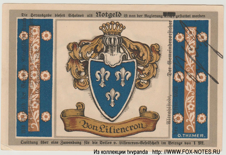 Altrahlstedt Liliencron-Gesellschaft Notgeld. 1 Mark. 15. Oktober 1922.