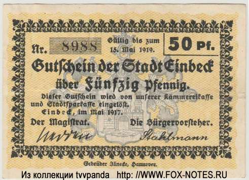 Gutschein der Stadt Einbeck. 50 Pfennig. Mai 1917.