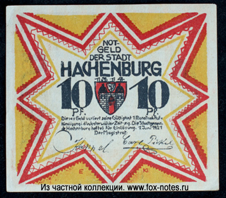 Notgeld der Stadt Hachenburg. 10 Pfennig 1. Juni 1921.