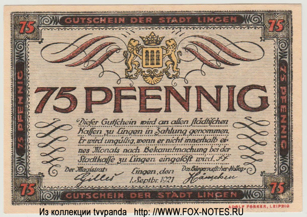 Stadt Lingen 75 Pfennig 1921