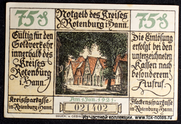 Notgeld der Kreises Rotenburg i Hann. 75 pfennig 1921.