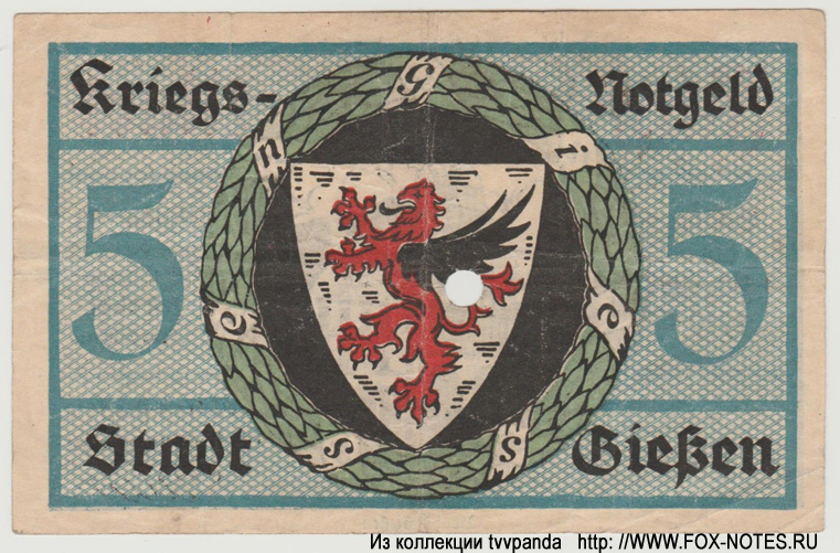 Stadt Gießen 5 Mark 1918 Krigs-Notgeld. 1. November 1918.