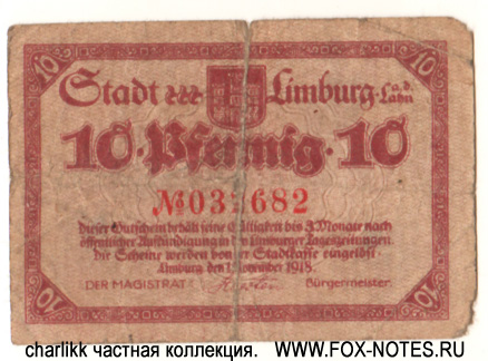 Stadt Limburg an der Lahn. Gutschein. 10 Pfennig. 1. November 1918.