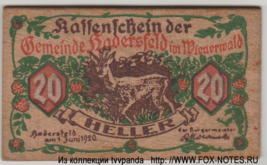Kassenschein der Gemeinde Hadersfeld im Wienerwald. 20 Heller 1920.