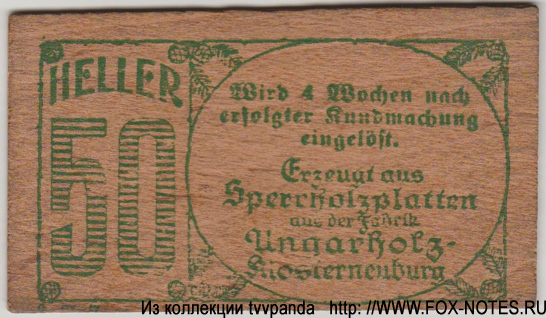 Kassenschein der Gemeinde Hadersfeld im Wienerwald. 50 Heller 1920.