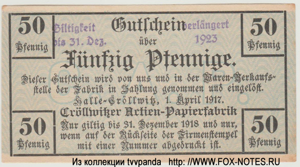 Cröllwitzer Actien-Papierfabrik 50 Pfennig 1917