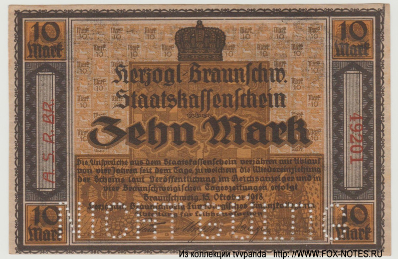 Herzogtum Braunschweig 10 Mark 1918