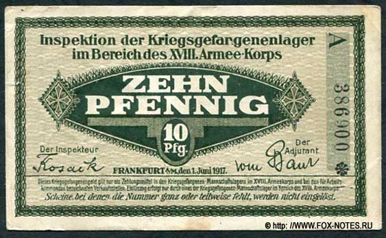 Lager Frankfurt (Main). 10 Pfennig. Schein. 1. Juni 1917. 