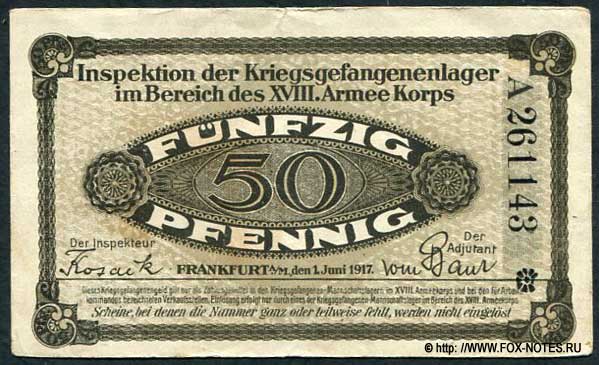 Lager Frankfurt (Main). 50 Pfennig. Schein. 1. Juni 1917. 