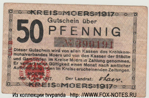 Kreiss Moers Gutschein. 50 Pfennig. 1. Juni 1917.