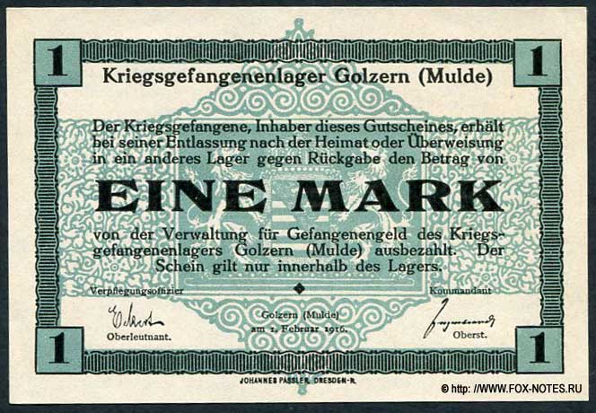 Kriegsgefangenenlager Golzern (Mulde) 1 Mark 1916