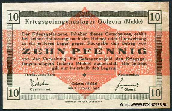 Kriegsgefangenenlager Golzern (Mulde) 10 Pfennig 1916