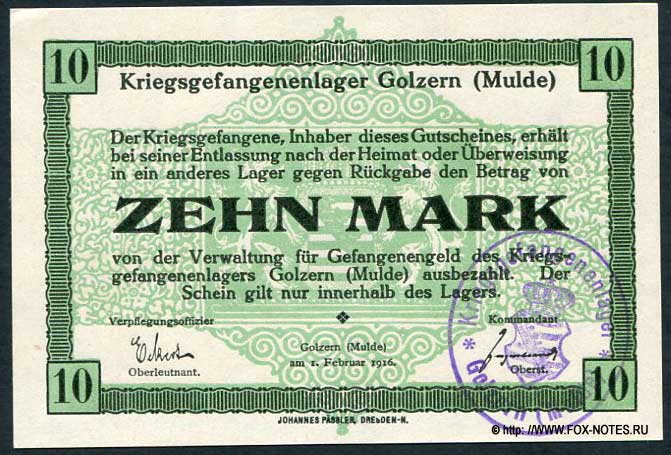 Kriegsgefangenenlager Golzern (Mulde) 10 Mark 1916