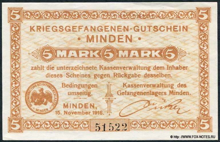 Kriegsgefangenen-gutschein Minden. 5 Mark. 15. November 1916.
