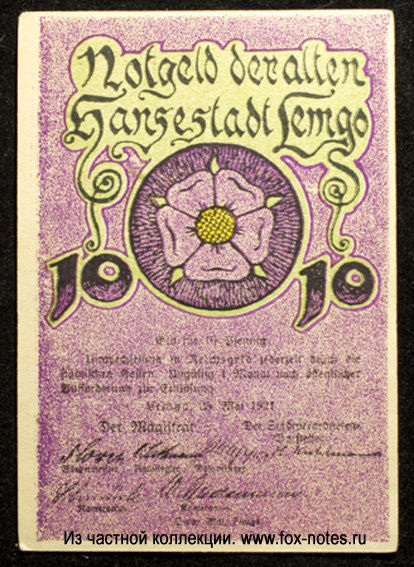 Notgeld dr Alte Hanse-Stadt Lemgo. 10 Pfennig. 25. Mai 1921.