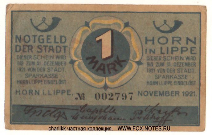 Amtsgemeinde Horn (Lippe) Gutschein. 1 Mark. November 1921.