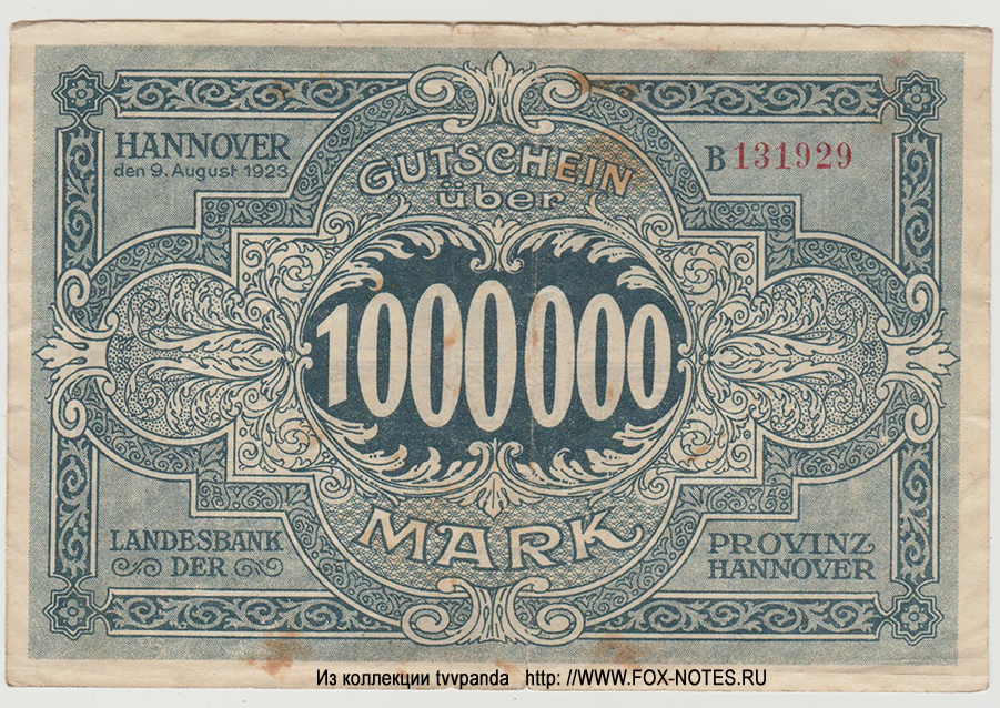Landesbank der Provinz Hannover 1 Million Mark 1923