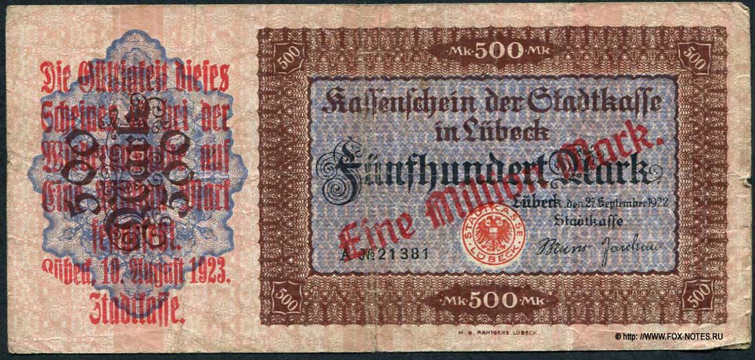 Lübeckische Staatskasse 1 Million Mark 1923
