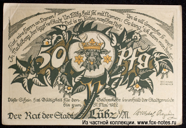 Reutergeld der Stadt Lübz. 50 Pfennig. 1922.