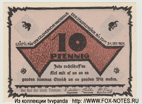 Stadt Teterow 10 Pfennig Reutergeld