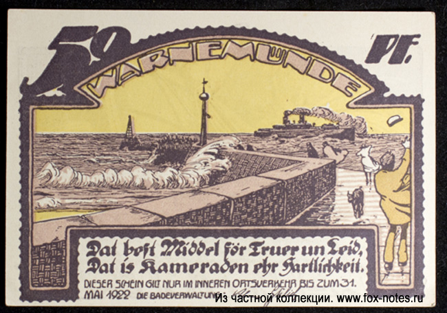 Die Badenverwaltung Warnemünde 50 Pfennig 1922