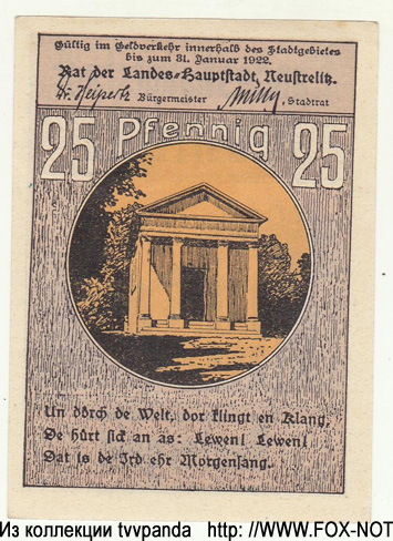 Stadt Neustrelitz Reutergeld 25 Pfennig