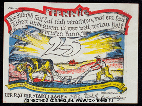 Reutergeld der Stadt Laage. 25 pfennig 1922.
