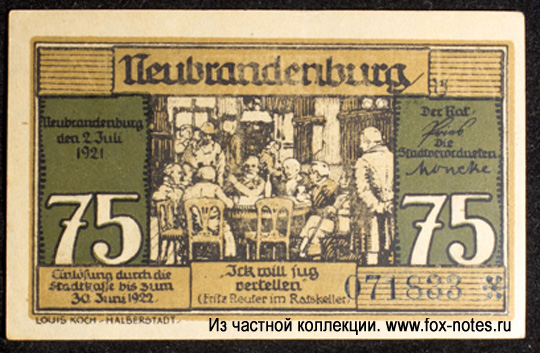 Stadt Neubrandenburg 75 Pfennig 1921 Notgeld