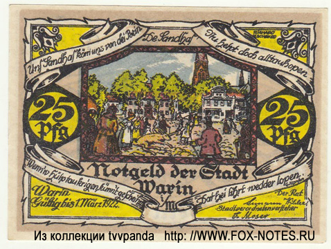 Notgeld der Stadt Warin. 25 Pfennig. Gültig bis 1.03.1922. Serie A1